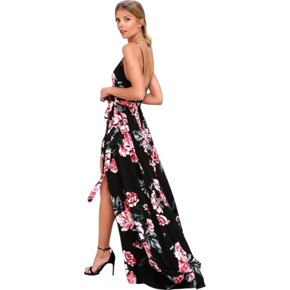 Lulus Floral Flirtation Black Floral Print Wrap Maxi Dress. Size Small NWT